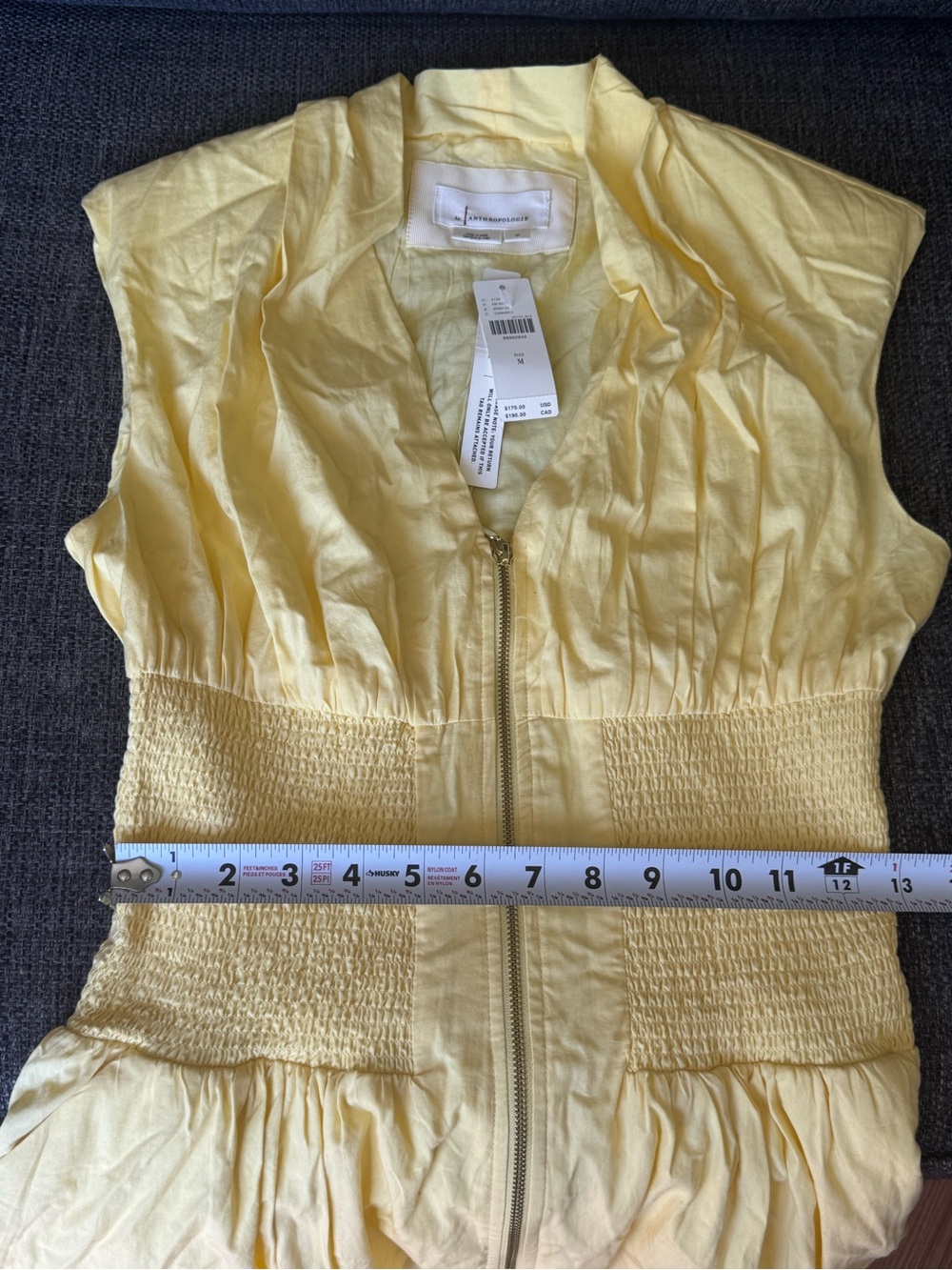 Anthropologie Tommie Cap Sleeve Smocked Front Zip Yellow Zip Midi Dress - Picture 9 of 12